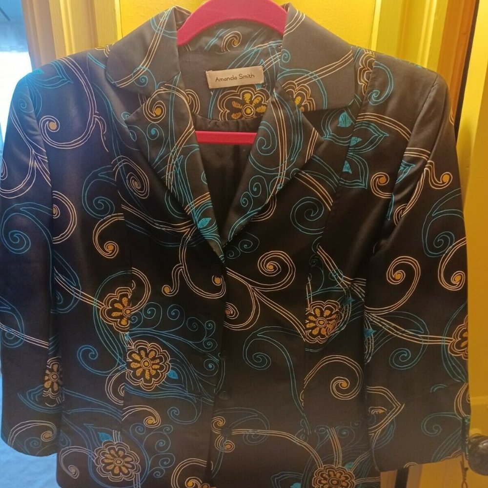 Amanda Smith Women’s Silk  Blazer Jacket Size 6 3/4 Sleeve 3-button Black Gold…